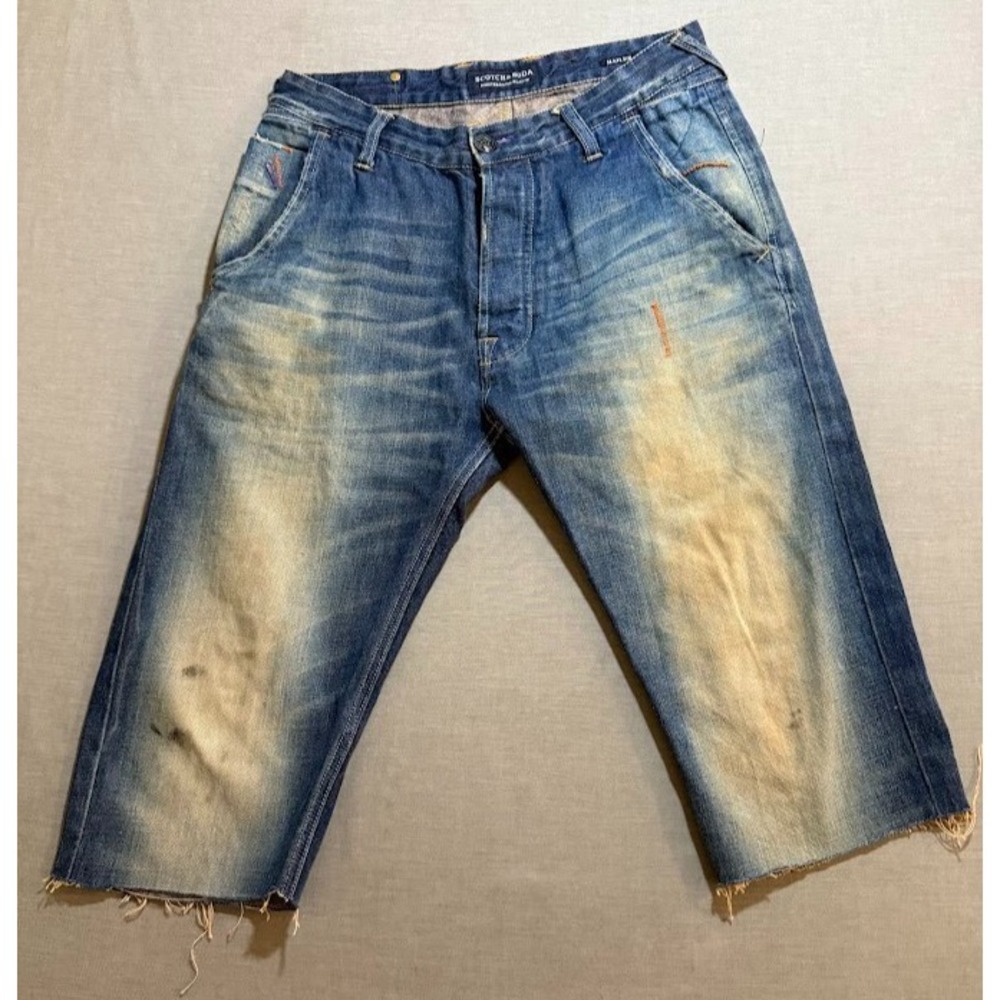 Scotch & Soda Mailer Cut Off Shorts Mens 32 Blue Denim‎ Pocketed Belted Men.